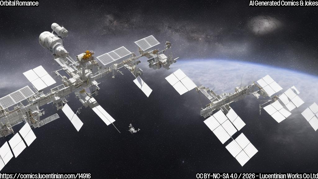 A plain color cartoon style image. In the center, two spacecraft are gently connecting nose-to-tail. The first spacecraft is a large, rectangular-bodied space station with two large, rectangular solar arrays extending outwards, all in shades of grey and white. The second spacecraft is smaller, conical at one end and cylindrical, colored in a simple blue and white, with small thruster effects at its rear. Both are depicted with clean, thick outlines against a solid, dark blue background with sparse, uniformly sized white dots for stars. A single, simple red heart floats near the point of connection between the two vehicles, emphasizing the Valentine's Day theme.