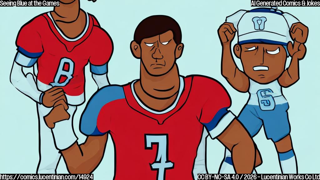 A plain color cartoon style illustration of a disappointed athlete. The athlete is a person with a strong build, wearing a simple sports uniform in shades of red, white, and notably a dominant light blue. A small, stylized star emblem is visible on the chest. The athlete has a crestfallen expression, with downcast eyes and slumped shoulders, conveying sadness. The background is a very plain, icy blue color, suggesting a winter sports arena. No medals are visible around the athlete's neck.