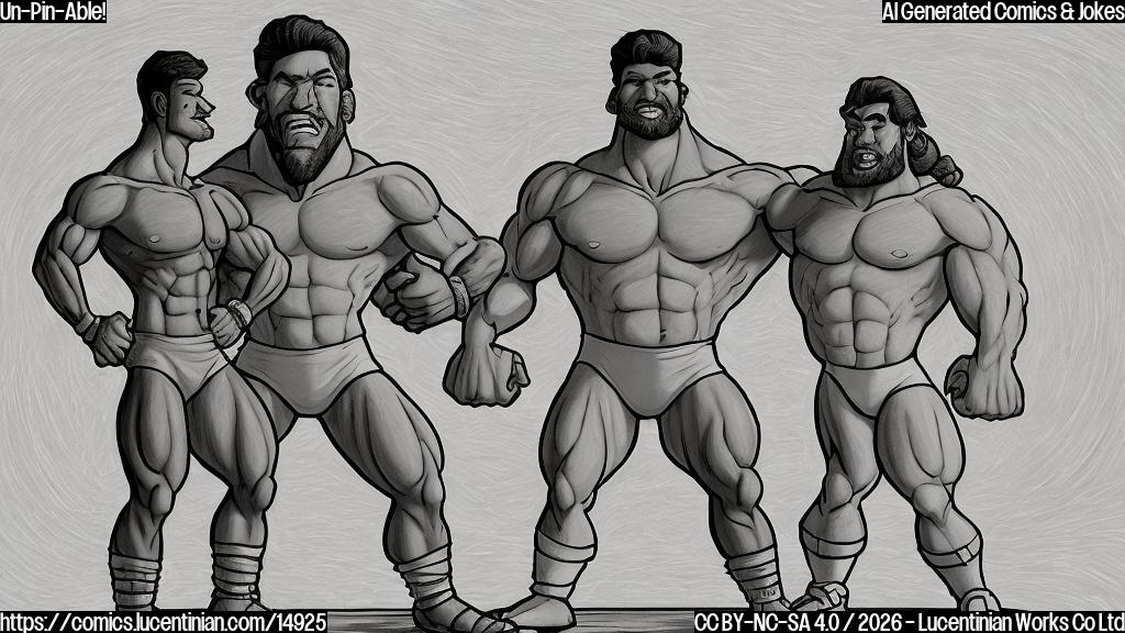 Plain color cartoon style. A very muscular and dominant wrestler, with a broad grin, standing triumphantly with arms raised high. At his feet, a slightly smaller wrestler sits on a wrestling mat, looking utterly surprised and bewildered, possibly with a little cartoon star swirling around his head. The dominant wrestler wears a plain blue singlet, and the dazed wrestler wears a plain red singlet. The background is a simple wrestling arena with plain colored walls.