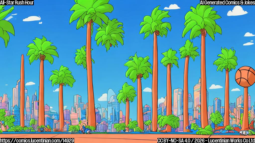 Plain color cartoon style. Three tall, athletic figures, distinctively wearing colorful basketball jerseys with bold numbers, are comically sprinting and leaping over a line of stationary, simplified cartoon cars on a wide, sunlit city street. Each figure holds a basketball. Generic, tall palm trees line the background. The sky is a clear, plain blue.