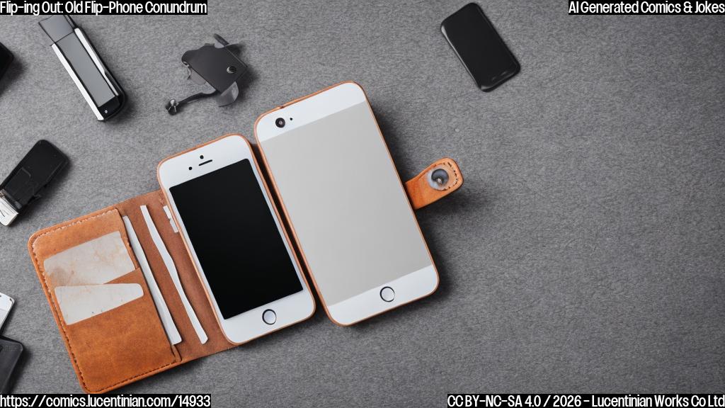 A flip-style foldable iPhone with a closed screen, surrounded by old phone accessories and a worn-out wallet, on a cluttered desk.