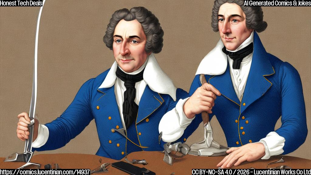 A plain color cartoon style illustration. A historical man with a powdered white wig, a stern but pleased expression, wearing an old-fashioned blue suit and white cravat. He is holding a small, old-fashioned axe in one hand and pointing excitedly to a shiny, modern, sleek black smart watch on a display table with the other. The table also has other minimalist tech devices like white wireless earbuds and a dark tablet. There's a prominent "SALE" sign with a dollar sign next to it. The background is a simple, light solid color.