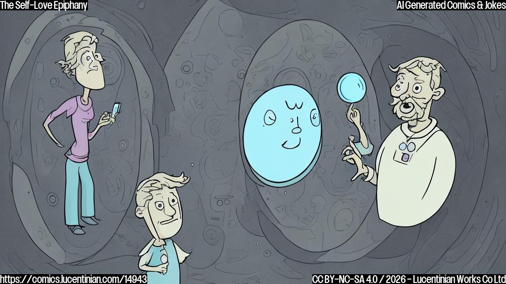 A plain color cartoon style picture. A gender-neutral person with wide eyes and a surprised expression is looking intently at a mirror. Their reflection in the mirror also has a surprised expression. The person is holding a small electronic device that displays abstract celestial symbols. In the background, a simplified cartoon moon and a cartoon dwarf planet are visibly close together. Dominant colors are soft blues, purples, and grays.