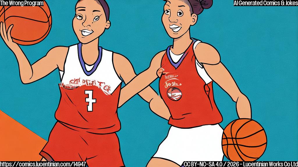 A plain color cartoon style image of a strong, athletic female basketball player. She wears a clean, bright uniform of a primary color, like vibrant red. Her expression is a mix of determined confidence and slight bewilderment. She is holding up an open game program, looking at it. On the front cover of the program, there's a simple, stylized cartoon drawing of *her*, but the program itself is clearly in the contrasting team colors of a rival, like green and yellow. The background is a simple, flat-colored locker room or a basketball court with no complex details or shading, just plain, bold colors.