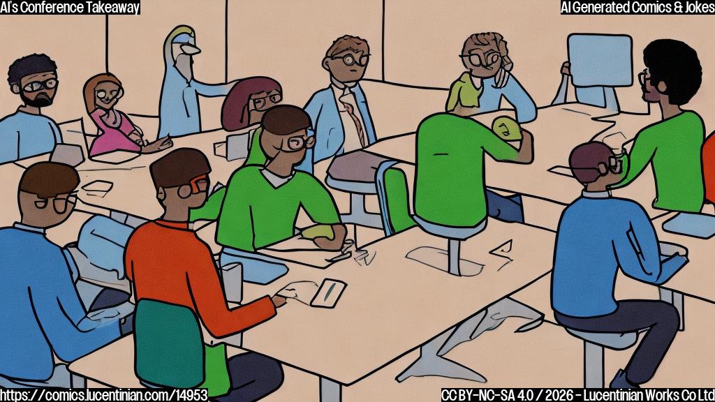 Plain color cartoon style illustration. A brightly lit, minimalist conference room with a long, plain rectangular table. On one side of the table, a diverse group of five human figures are seated. They are drawn in simple, solid block colors, wearing plain suits (e.g., blue, grey, brown, green, red). Their expressions are serious and slightly stressed, with one person holding up a large scroll labeled 'Global AI Rules'. They are engaged in animated discussion, with speech bubbles showing question marks and exclamation points. On the opposite end of the table, a sleek, minimalist glowing monitor screen with a simple stand represents an artificial intelligence. The monitor displays a rapidly changing, colorful graphic showing "Lunch Order Optimization: Completed in 0.005s". The AI monitor has a single, calm blue light indicating observation. The background is a plain, solid, light color.