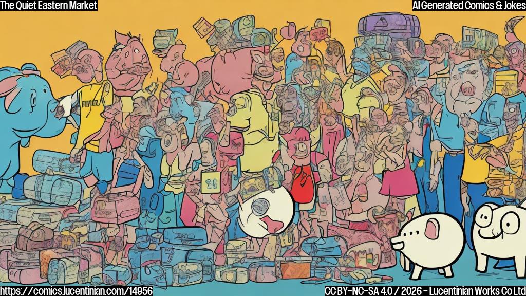 A plain color cartoon style image. On one side, a group of happy, generic people with suitcases, clearly on vacation, waving goodbye. On the other side, a single cartoon character, representing the economy of a nation known for its rising sun, looking very sad with an empty, broken piggy bank next to them. The overall scene should convey a quiet, somewhat empty market setting, with a few inactive stock tickers in the background.