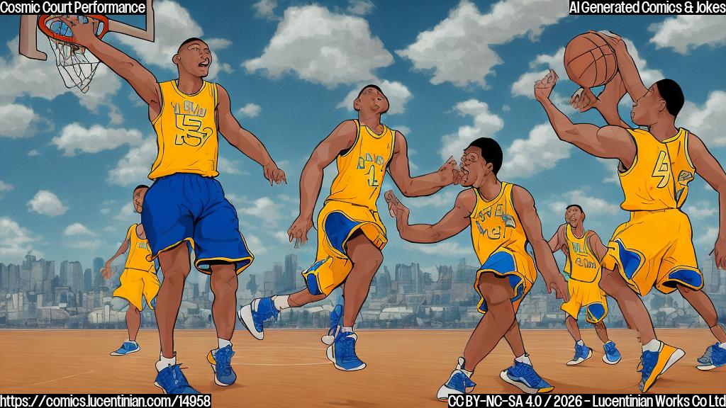 A plain color cartoon style image. On a basketball court, two male basketball players are depicted. One player, a tall figure with short dark hair, wearing a plain blue basketball jersey with no numbers or logos and matching shorts, is shown radiating bright yellow starbursts from their hands as they dribble a basketball. The other player, a strong figure with light brown hair, wearing a plain red basketball jersey with no numbers or logos and matching shorts, has a large, cartoonish impact crater forming around their feet on the court, with small dust clouds rising, as if they've just landed or made a powerful move. Both players have happy, determined expressions. The background is a simple, plain green court with minimal white lines.