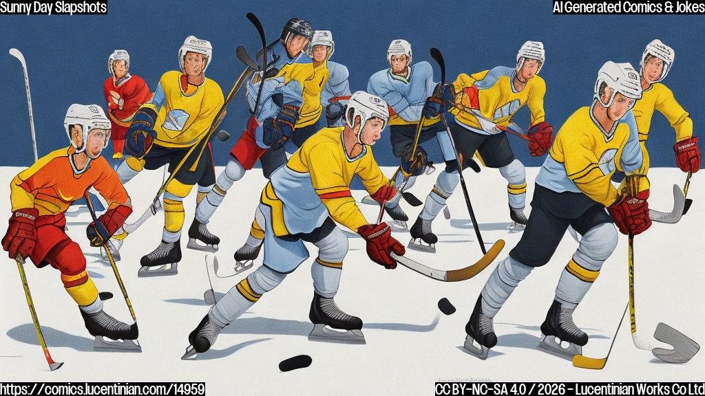 A plain color cartoon style picture. On a pristine ice rink, two teams of anthropomorphic sports figures are playing ice hockey. One team wears bright yellow jerseys with a simple sun emblem, and their figures have a slightly tanned complexion, suggestive of a warm climate. The opposing team wears crisp white jerseys with a stylized mountain peak emblem, and their figures have rosy cheeks, suggesting a cold climate. One player from the yellow-jersey team is comically applying sunscreen to their nose with a small tube, while a player from the white-jersey team looks on with a confused expression. The background is a simple, plain light blue, representing the sky above the rink. The figures are stylized and round, with exaggerated features suitable for a cartoon.
