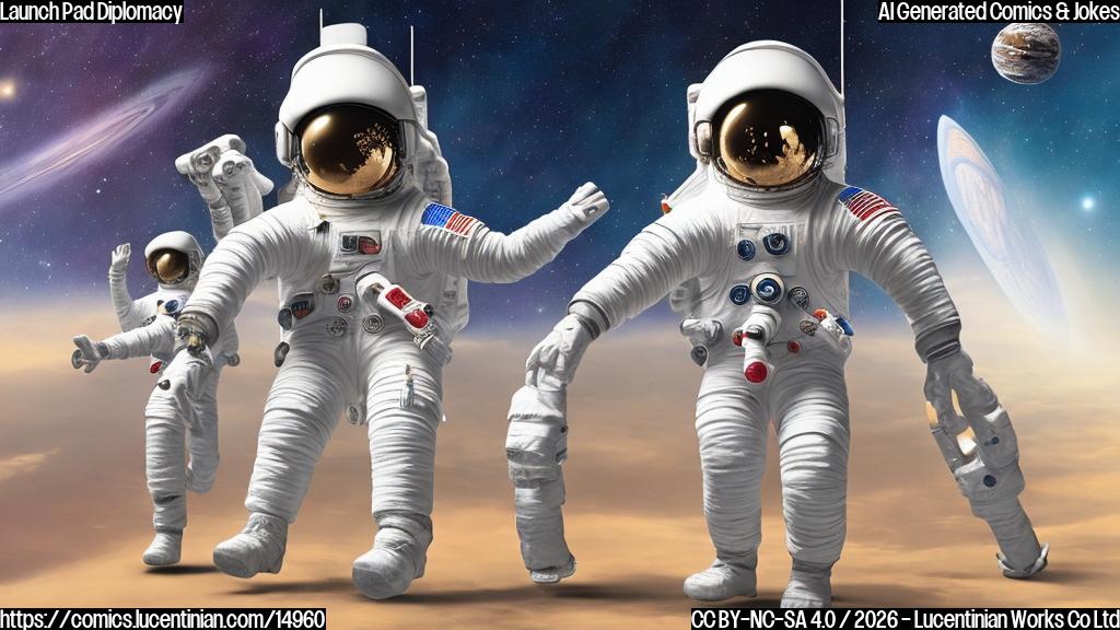 A smiling astronaut in a suit, standing next to a large, cylindrical spaceship with a ladder leaning against it, surrounded by two figures - one in a NASA-inspired uniform and the other in a Russian-style cosmonaut suit, both holding hands on the ladder as they look up at the ship together. The background should be a bright blue sky with white clouds.