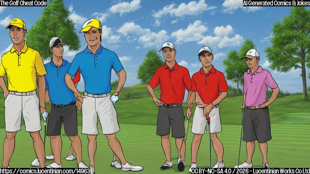 A plain color cartoon illustration. In the center, a tall, athletic golfer, dressed in a bright yellow polo shirt and a matching cap, stands calmly after hitting a golf ball. He has a slight, confident smirk, and his swing looks incredibly effortless. In the foreground, two other golfers, one with a red polo and one with a blue polo, stand frozen in disbelief. One has wide, cartoonishly big eyes and a jaw dropped open, holding a club loosely. The other is whispering with a hand cupped over his mouth, looking suspiciously at the effortless golfer. The setting is a simple golf course green with a hole and a flag, under a clear blue sky.