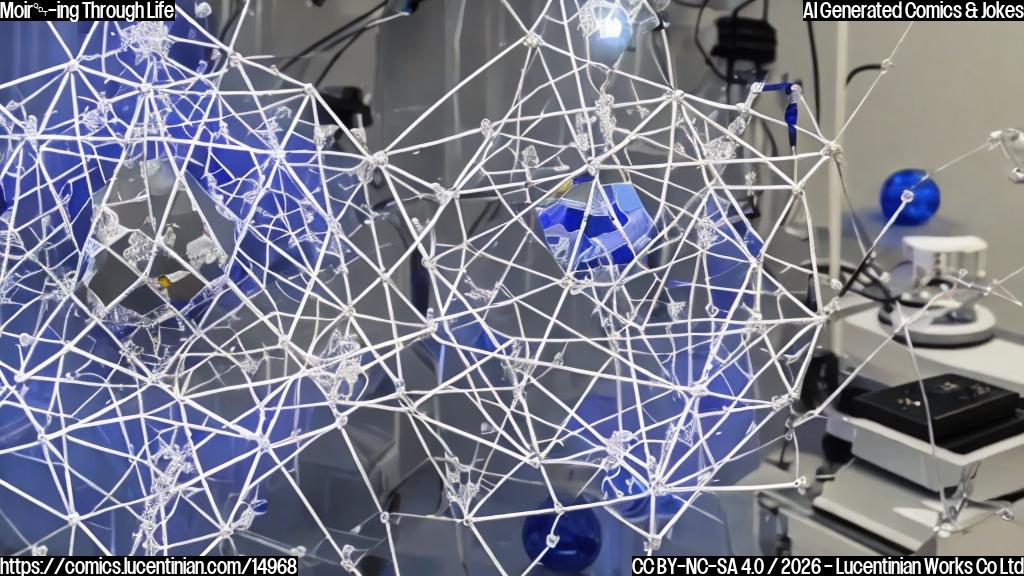 A lattice with a complex crystal structure, surrounded by electrodes and wires, in a lab setting, with various scientific equipment and tools in the background.