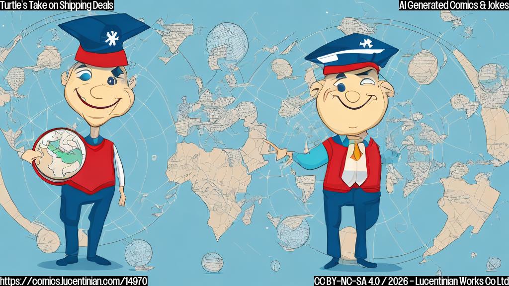 Illustrate a smiling cartoon turtle wearing a sailor hat, holding a briefcase with a " DEAL OF A LIFETIME" sign on it, and standing next to a large globe with a map of shipping routes marked in blue ink. The turtle should be surrounded by tiny seagulls flying around its head, symbolizing excitement and investment opportunities.