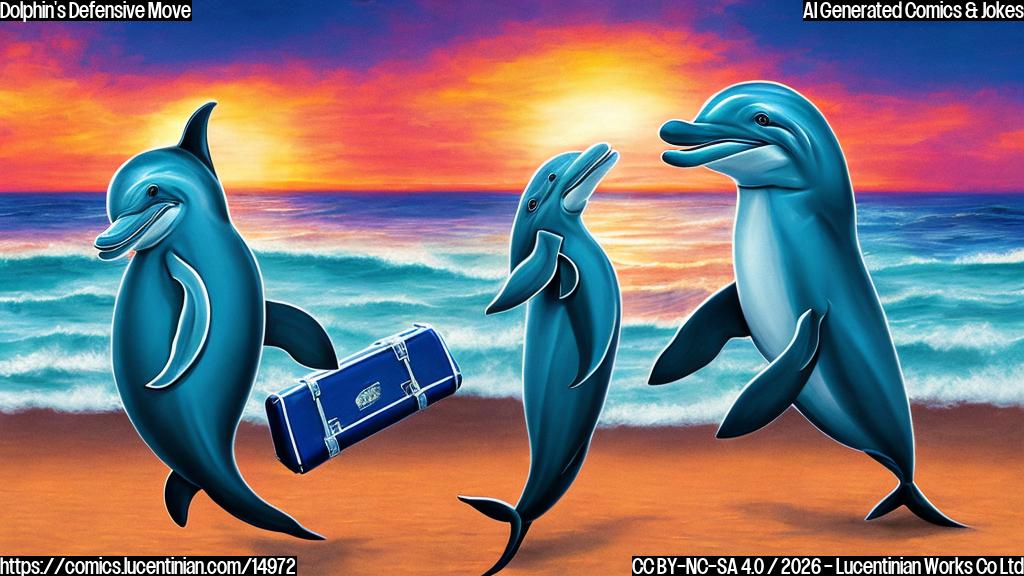 Colorful illustration of a dolphin wearing a football jersey with an unsure expression, standing on a beach with a suitcase nearby. The background is a sunset with waves crashing.