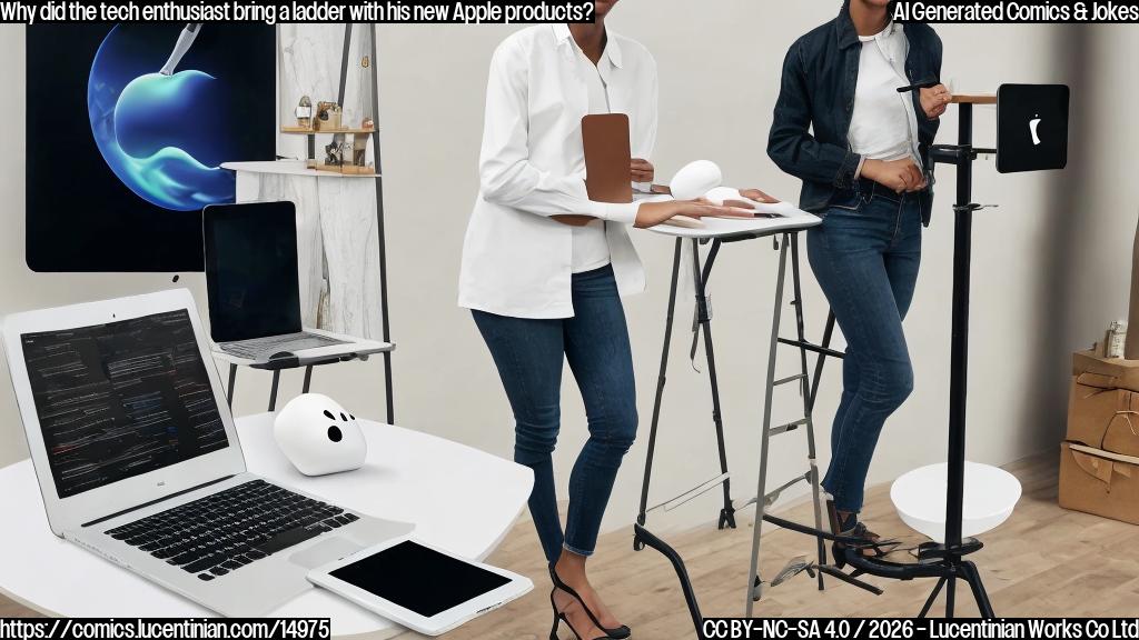 A person, wearing a big smile and holding an AirPods box, standing on a stool next to a Macbook and an iPad, with a ladder in the background.