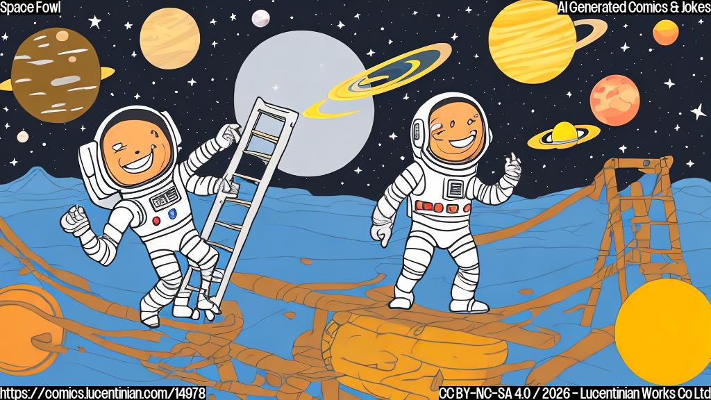 A cartoon style image of a smiling astronaut holding a ladder while standing in front of a space station, with stars and planets in the background.