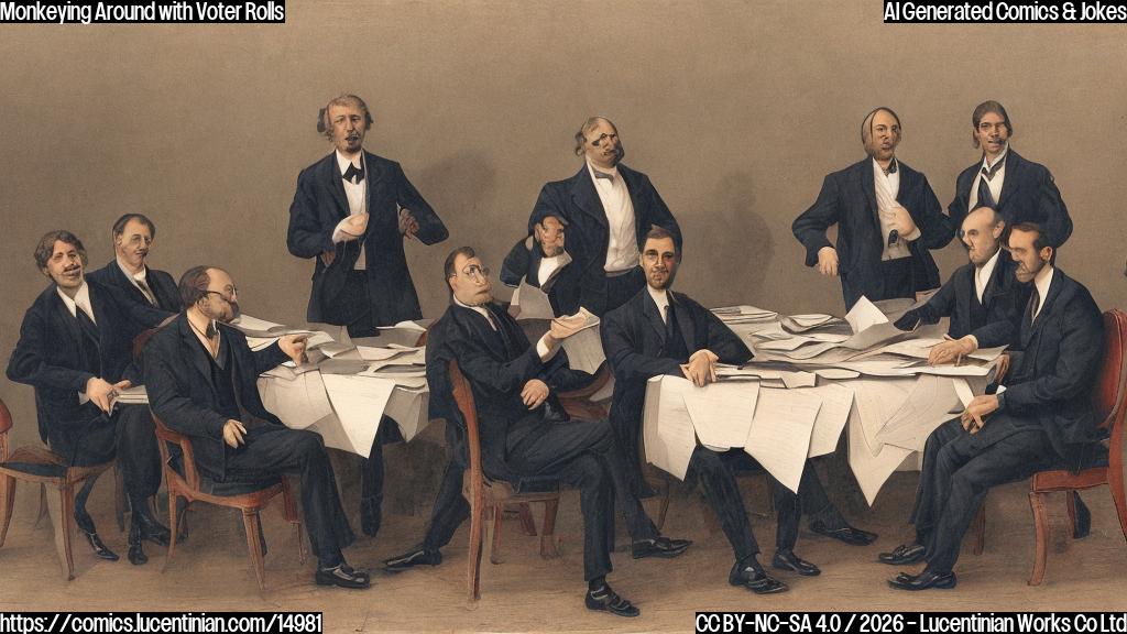 A group of stern-looking, middle-aged men in suits are shown sitting around a large table, looking unimpressed and holding folders filled with papers. One of them has a red "X" marked through a piece of paper on his desk, while another has a puzzled expression on his face. The background is a simple, neutral color.