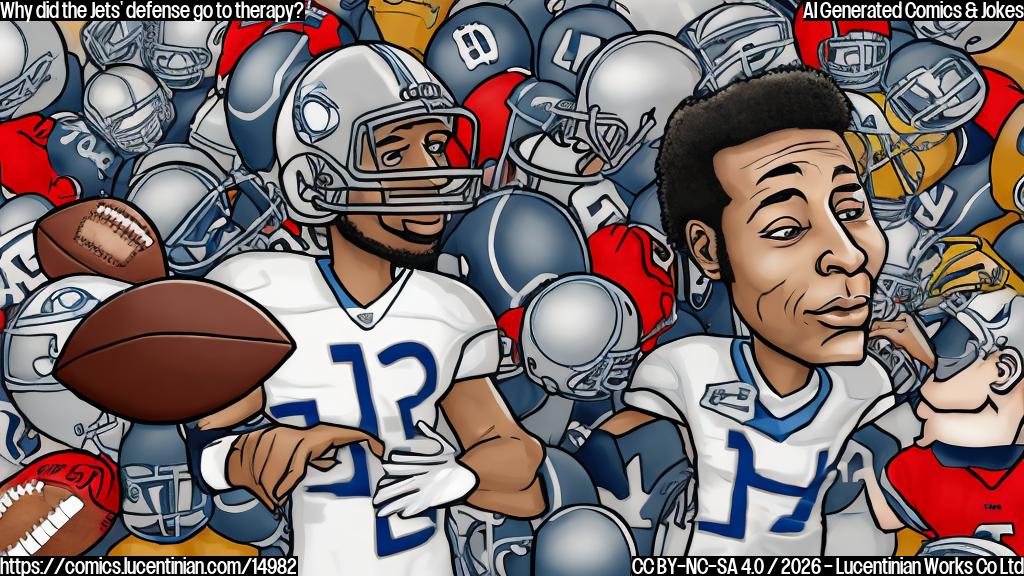 a cartoon of a defensive back with a worried expression, surrounded by footballs and football helmets, with a therapist in the background.