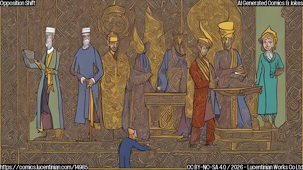 Draw a cartoon-style image of a tall, slender figure with a long nose and a book in hand, standing on top of a podium or a staircase, surrounded by other politicians looking down at him with surprise and amusement. The figure should wear traditional Islamic clothing with a modern twist, such as a suit with intricate patterns.