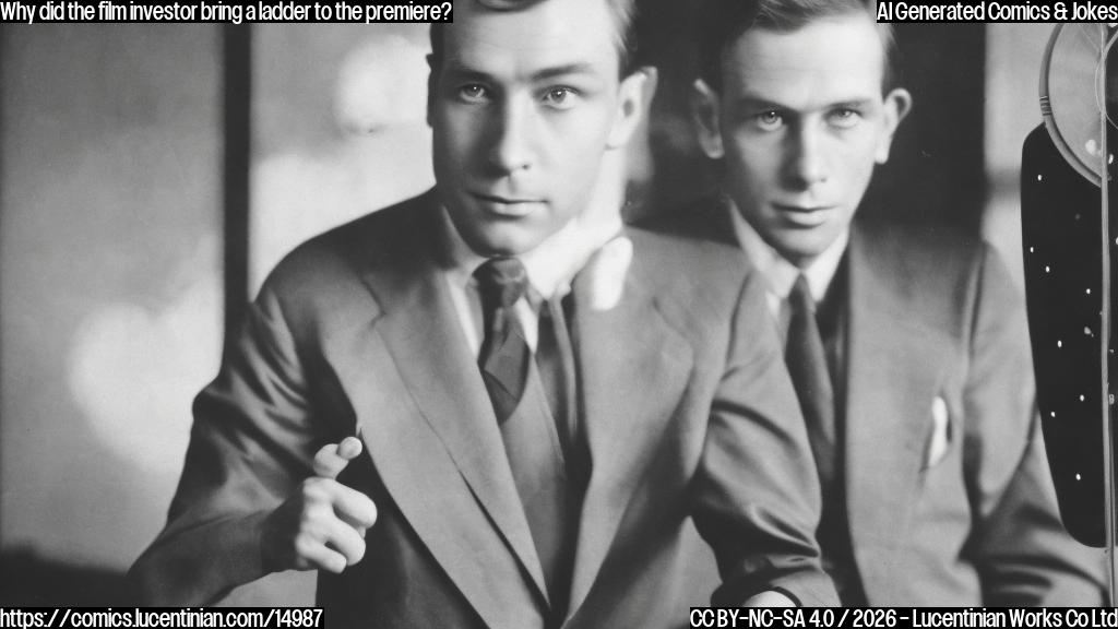 A person in a suit standing on a step, looking at a camera with a confident expression. The background is a movie screen with a film reel unwinding from it.