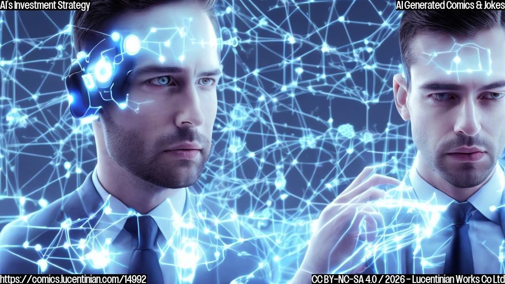 A plain color cartoon style. An intelligent, serious-looking male stock trader, with slightly thinning dark hair and wearing a light blue business shirt and a dark tie, is looking with a mix of confusion and intrigue at a large, glowing, abstract, futuristic artificial intelligence interface on a desktop monitor. The monitor prominently displays a dynamic stock graph showing both sharp drops and rapid increases. The AI interface is represented by simple geometric shapes emitting a soft, light blue glow. The background is a simplified office setting with a hint of a window showing a cityscape.