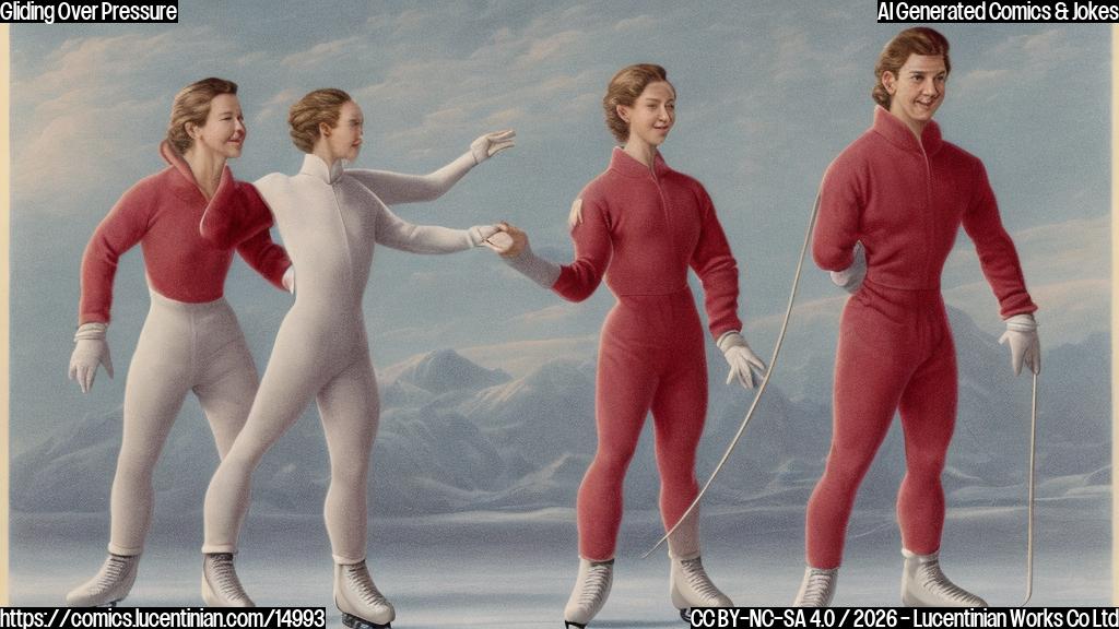 A plain color cartoon showing two figures on an ice rink. One older figure, looking a bit bewildered or anxious, is standing in a simple tracksuit, holding a clipboard. The other figure is a young person, gracefully posed as if gliding on ice, with a wide, serene smile, wearing a plain-colored figure skating costume. The ice is light blue, and the background walls are plain white. Cartoon style.