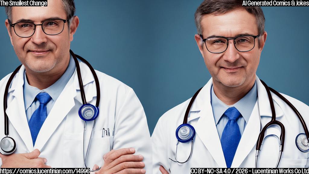 A plain color cartoon style image. On the left side of the frame, a kind-looking, middle-aged medical professional, with short brown hair and round glasses, wearing a white lab coat over a blue scrub top, and a stethoscope draped around his neck. He has a slightly serious but encouraging expression and is gesturing with an open hand. On the right side, a slightly rounder person, with a hopeful but slightly mischievous smile, wearing a plain green t-shirt and jeans. This person is holding a half-eaten box of cookies, looking proud of their "small change." The background is a simple, light gray wall, suggesting a medical office.