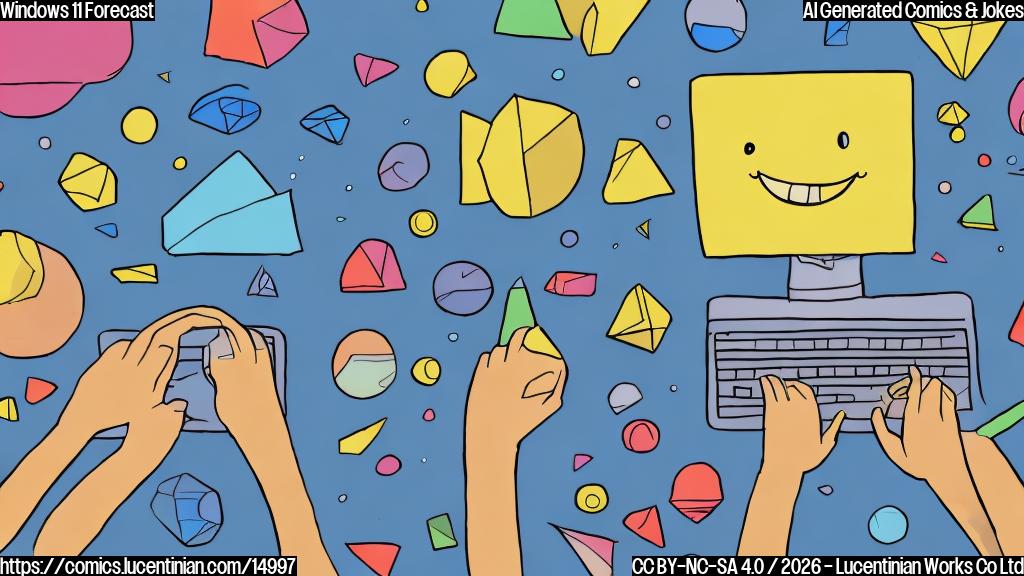 A plain color cartoon scene. A simple, generic person with a round head, a wide, happy smile, and wearing a plain blue shirt sits at a desk. They are looking intently at a flat, rectangular computer screen. Above the person's head, small, colorful, geometric shapes (like squares, circles, and triangles in bright solid colors such as yellow, red, green, and purple) are gently falling down, as if raining. The background is minimalist and uses a single light grey color. The overall style is clean lines and solid colors.