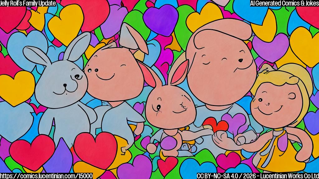 Draw a cartoon-style picture of a happy couple (Jelly Roll and Bunnie Xo) holding two baby blocks with a positive and playful atmosphere, surrounded by hearts and confetti.