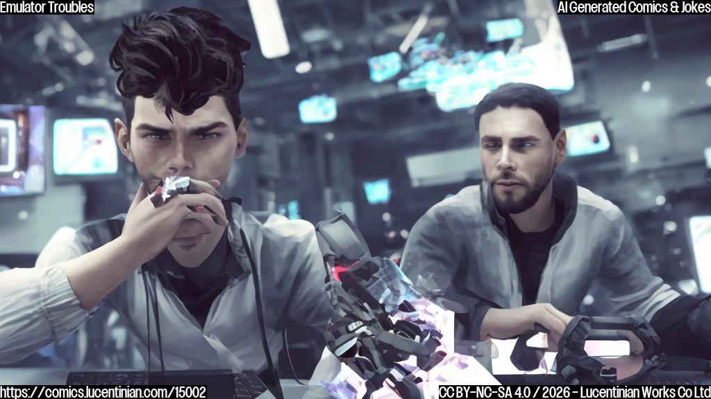 A frustrated gamer sitting in front of a computer with a worried expression, surrounded by broken controllers and a distorted screen, with a faint image of a Windows logo in the background.