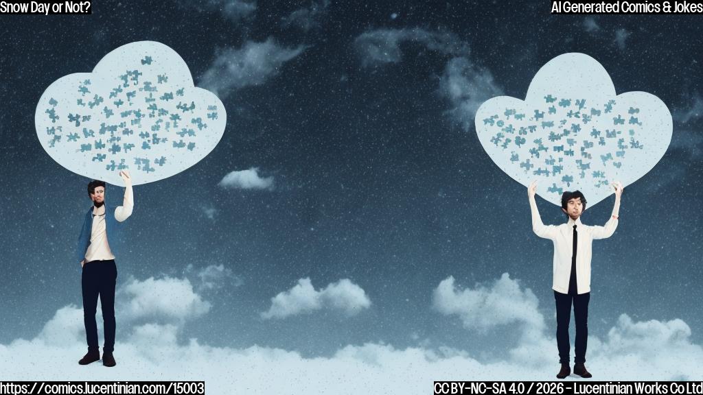 A person with a puzzled expression and a chart behind them, surrounded by clouds and snowflakes, with a broken heart in their hand