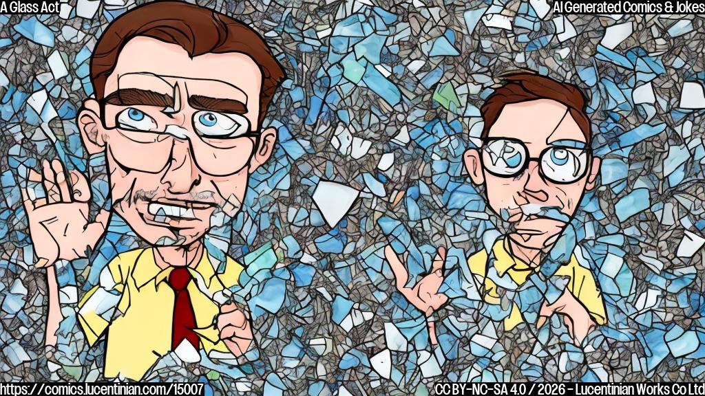 Draw a cartoon style picture of a person with a fragile-looking face, sitting at a desk surrounded by broken glass and papers with a "X" marked through them. The person is holding a " Fragile Mental State" warning label in their hand.