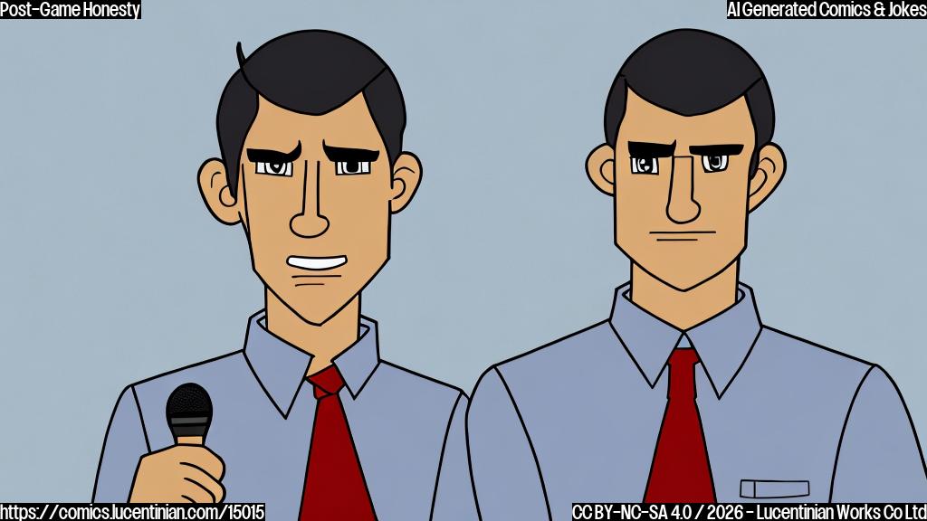 Plain color cartoon style. A tall, weary-looking man with short, dark hair, wearing a generic red polo shirt, stands behind a light gray podium with a black microphone. He has a slightly dejected and deadpan expression. Facing him from the lower right, a reporter, depicted as a simple figure with a yellow shirt and blue tie, holds a white notepad and a dark pen. The background is a plain light blue wall, suggesting a press conference room. The overall mood is slightly somber with a hint of dry humor.