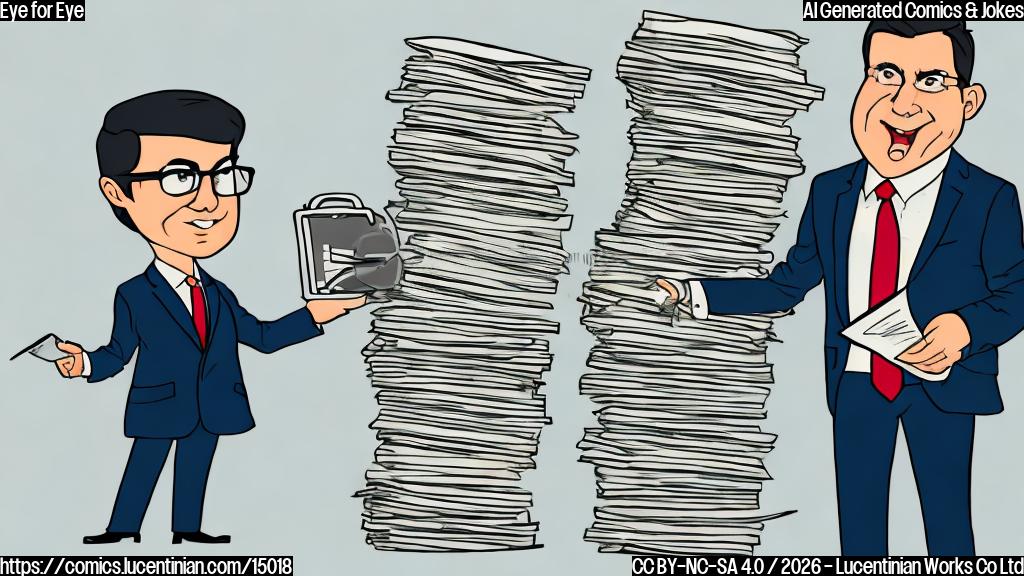 Illustrate a cartoon style picture of an anthropomorphic eye, with a briefcase and a surprised expression, standing next to a stack of papers representing the state budget, while wearing a suit and tie similar to J.B. Pritzker's attire.