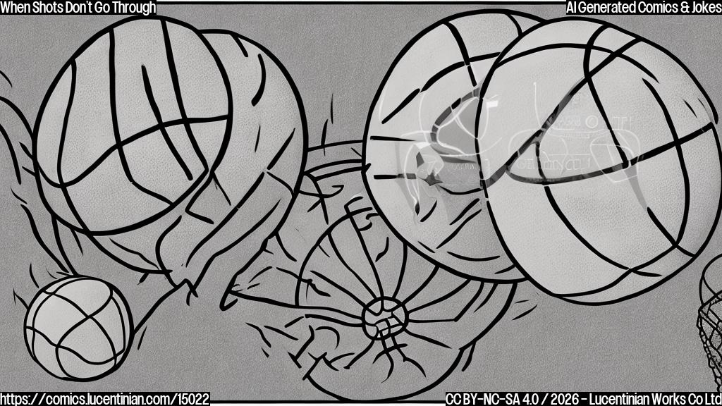 Draw a cartoon of a basketball with a disappointed expression, with a small arrow pointing down and a 3-point line in the background, alongside a basketball with a relieved expression, with a small arrow pointing up and a 4-point line in the background. The two basketballs should be separated by a subtle gap to represent the contrast between the shots.