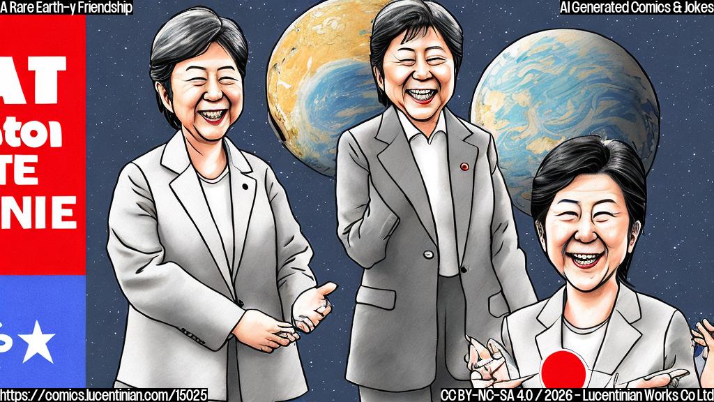 Draw a simple cartoon of a smiling Japanese Prime Minister with a magnet in her hand, standing next to a smiling U.S. President with a thought bubble having a picture of a planet with a red dot (indicating a magnet). The two leaders should be surrounded by a few rare earth elements such as neodymium and dysprosium.
