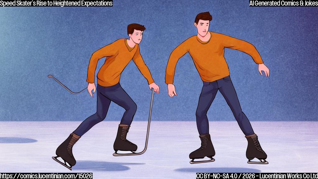 Draw a cartoon of a young man (21 years old) wearing ice skates and holding a ladder. He is standing on the ice, with a determined look on his face. The background should be a blurred image of an ice rink with other speed skaters gliding by.