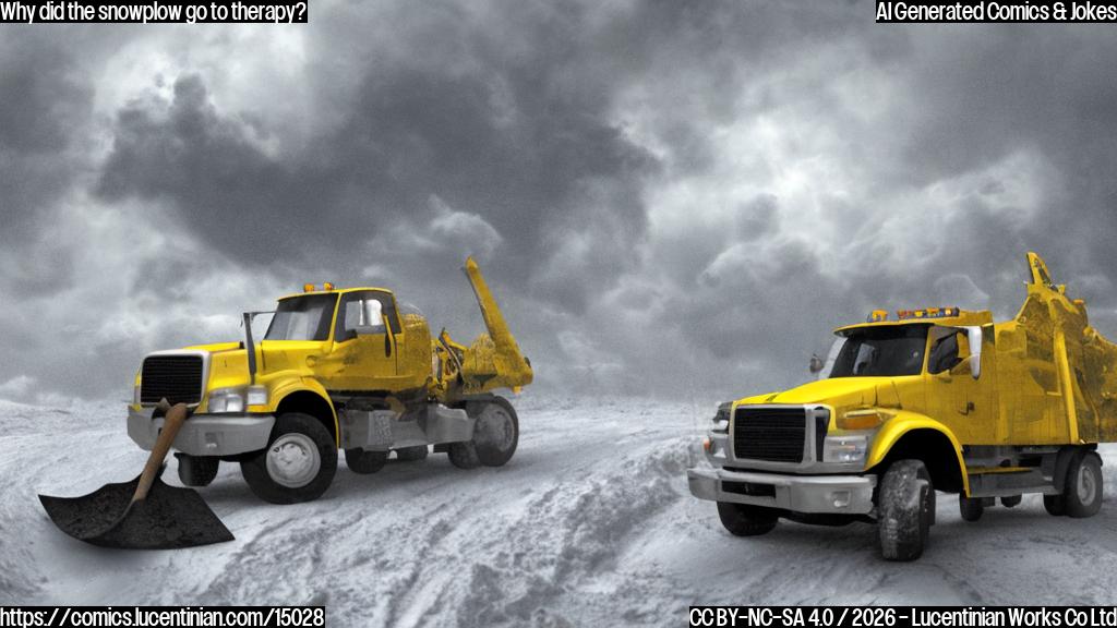 a large, yellow, rectangular vehicle with a shovel-like attachment on the front, surrounded by a swirling storm of white and gray clouds with a few flakes gently falling from the sky