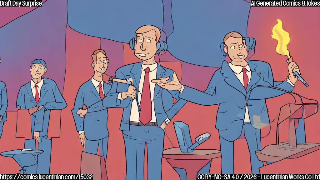 A plain color cartoon style illustration. In the center, a confident but slightly surprised-looking male figure, wearing a smart suit, stands behind a podium with a microphone. He has short, neat hair and a wide, slightly open-mouthed expression. Behind him, a large, glowing screen displays three distinct plain-color cartoon silhouettes: one strong figure in a running pose, another figure in a tackling stance, and a third agile figure in a defensive back stance, all clearly labeled as 'TOP 10 PICKS'. To the side, two other male figures, appearing as bewildered sports commentators with open mouths and wide eyes, are seated at a desk, looking at the main figure and the screen with disbelief. The background is a simple, muted color, suggesting a large convention hall.