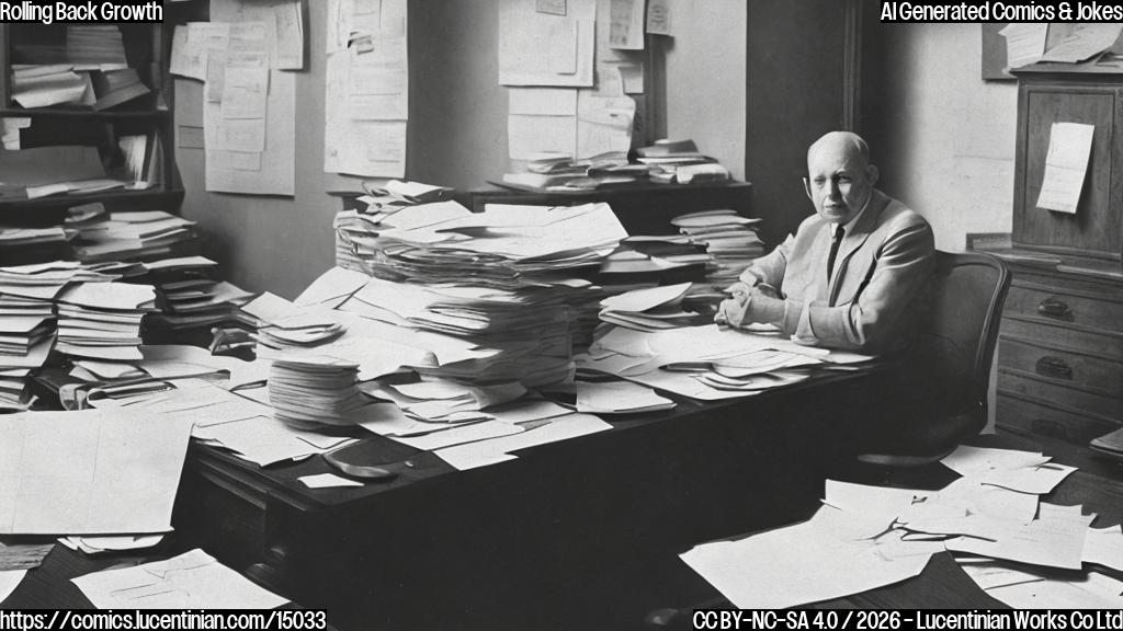 a sad-looking person with a briefcase sitting at a desk, surrounded by stacks of papers and financial reports, with a faint image of a rolling pin in the background