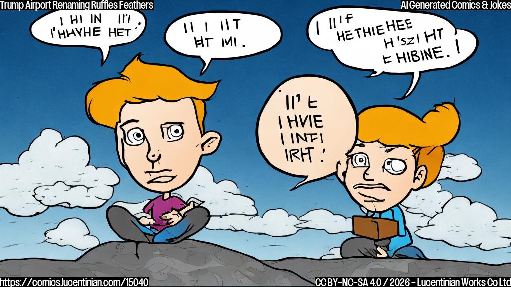 A cartoon of a person with an oversized head, sitting on top of an airplane, with a puzzled expression and a speech bubble saying "I'm still here, even if my name isn't." The background should be a simple blue sky with fluffy white clouds.