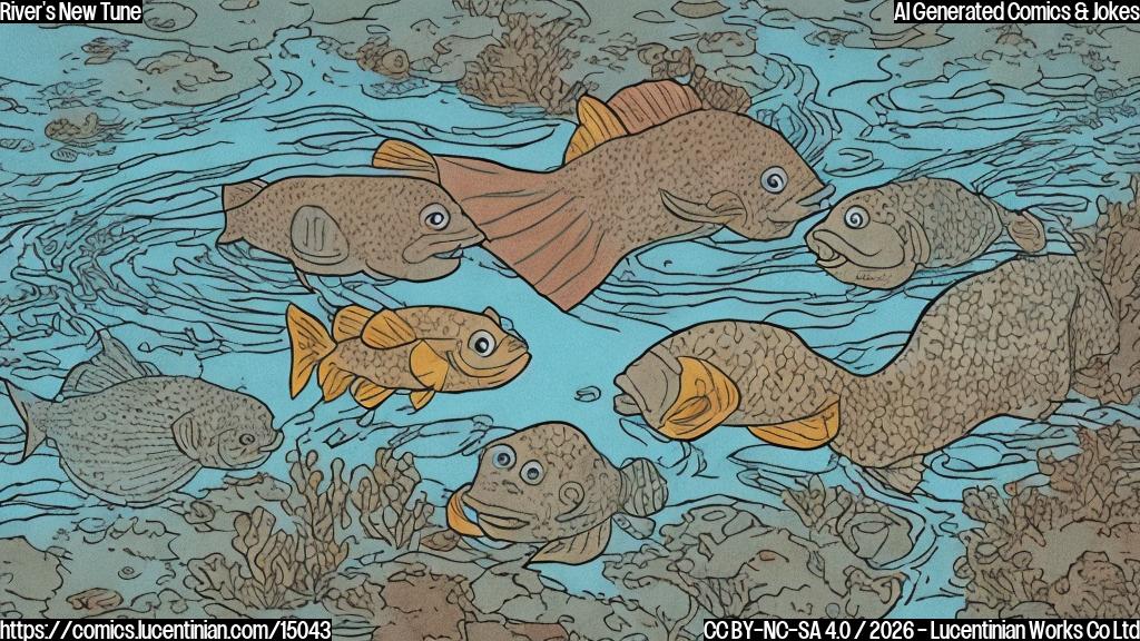 A plain color cartoon style drawing. A wide, light blue river is depicted, but a large section of it is visibly discolored with a plain, murky brown. In the murky brown section of the river, two simple, round-shaped cartoon fish characters are swimming, looking surprised or slightly disgusted. One fish has a small, simple microphone and is singing, with musical notes floating around its head, but these notes are simplified brown swirls. The background shows a simple, solid green riverbank.