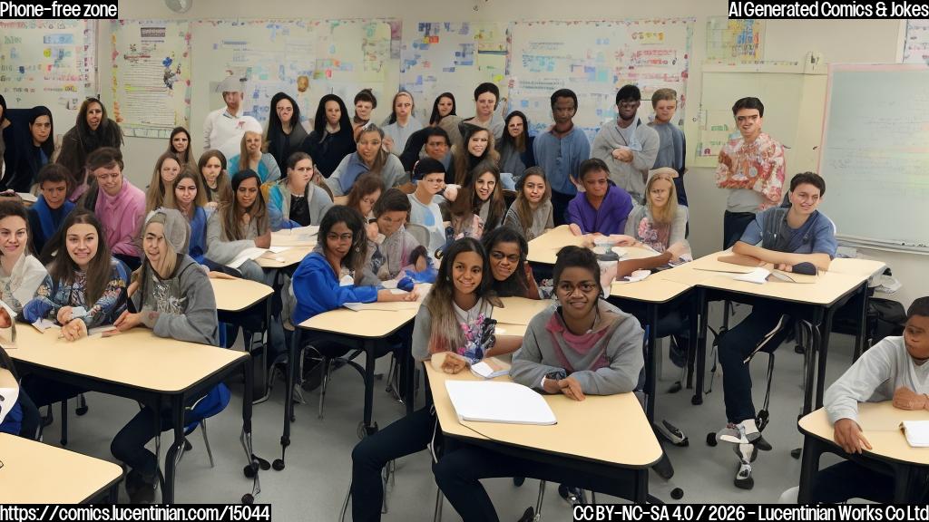 A group of students and educators standing in front of a classroom, with a few students holding their phones, while others are engaged in classwork, such as reading or taking notes. The background is a typical classroom setting with desks and chairs.