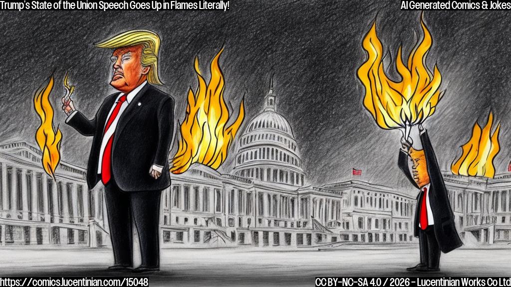 Draw a cartoon of a person (Trump) standing on stage in front of Congress, holding a lighter and looking confused as a flame erupts from his speech notes.