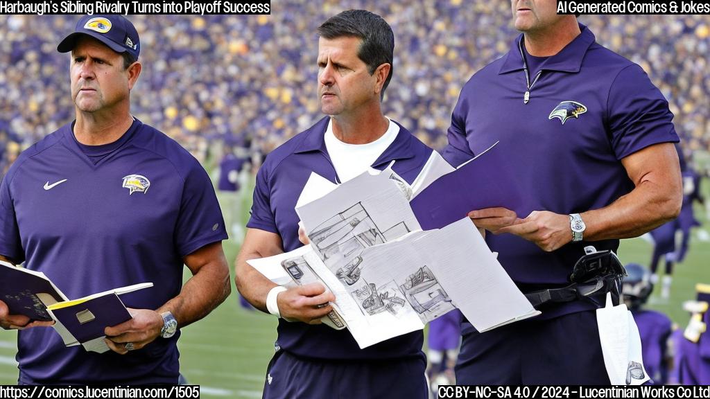 Draw a cartoon of two football coaches, one with a determined look on his face (John Harbaugh) and holding a playbook, standing next to each other. The other coach has a disappointed expression on his face (Jim Harbaugh), with an empty playbook in front of him. Both coaches should be wearing Baltimore Ravens and Los Angeles Chargers jerseys, respectively. In the background, there's a football field with a scoreboard showing the final score: 30-23 in favor of the Ravens.