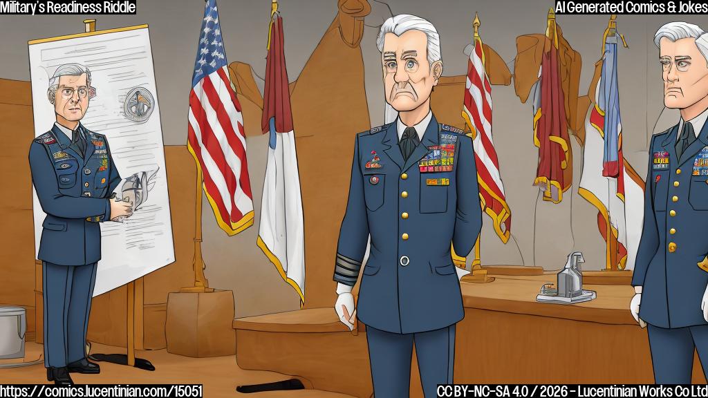Plain color cartoon style. A distinguished-looking, silver-haired general figure in a simplified military uniform stands thoughtfully. Behind him, two large, simple bar charts are displayed. One chart, labeled "Mission Readiness," shows a bar significantly lower than it should be. The other chart, labeled "Personnel Policy Discussions," shows a bar that is disproportionately high. The general has a slightly bewildered or concerned expression, looking towards the charts. The overall color palette is muted and professional.