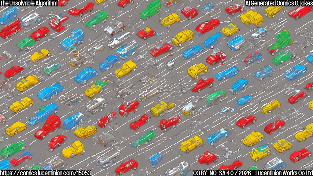 A plain color cartoon style picture showing a very long, bumper-to-bumper line of simple cartoon cars on a wide city street. The cars are in various plain colors like red, blue, green, and yellow, with simple shapes. Several plain-figured individuals, some wearing basic business attire, are depicted sitting in the cars or looking out their windows with slightly frustrated or confused expressions. In the background, a large, modern-looking building has a simple banner that reads "AI Innovation Summit". The sky is a solid light blue. The overall mood is one of lighthearted chaos.