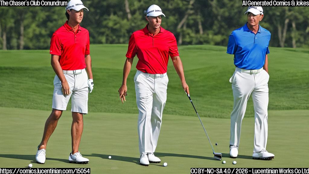 A plain color cartoon style. A male golfer with a slightly frustrated expression, wearing a bright polo shirt and a visor, is intensely peering into his open golf bag, as if searching for something specific among his clubs. In the background, walking a short distance ahead on a lush green golf course fairway, are two other male golfers, smiling confidently, their backs slightly to the first golfer. The sky is clear blue. The overall mood is lighthearted and a bit whimsical.