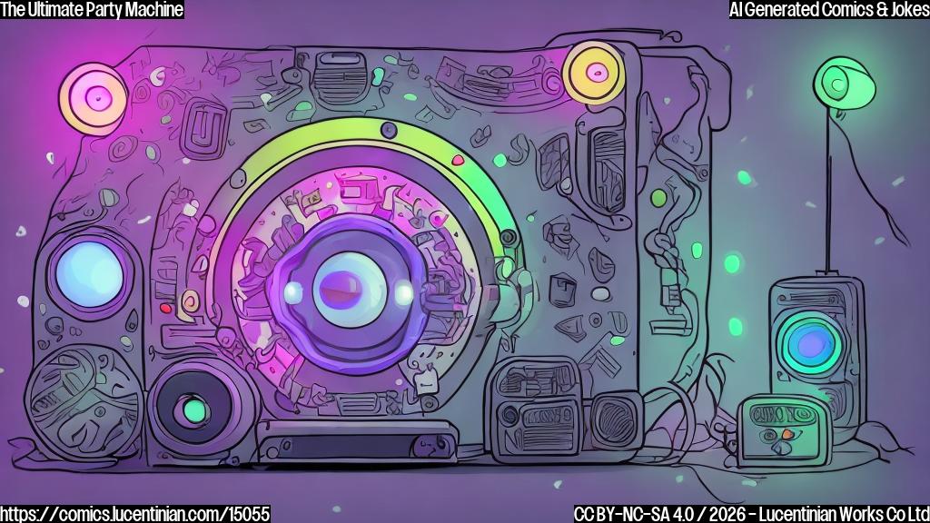 A plain color cartoon style. A large, dark gray, robust electronic device shaped like a speaker on wheels, with a prominent speaker grille on its front and a bright projector lens on one side. This device is at the center of a vibrant, plain-colored cartoon party scene. Colorful musical notes are audibly bursting from the speaker grille, while a beam of light from the projector lens casts a simple, joyful movie scene onto a large, light-colored wall in the background. Several cartoon people are visible around the device; some are dancing energetically to the music, while others are looking captivated by the projected movie. The atmosphere is lively, fun, and slightly chaotic.