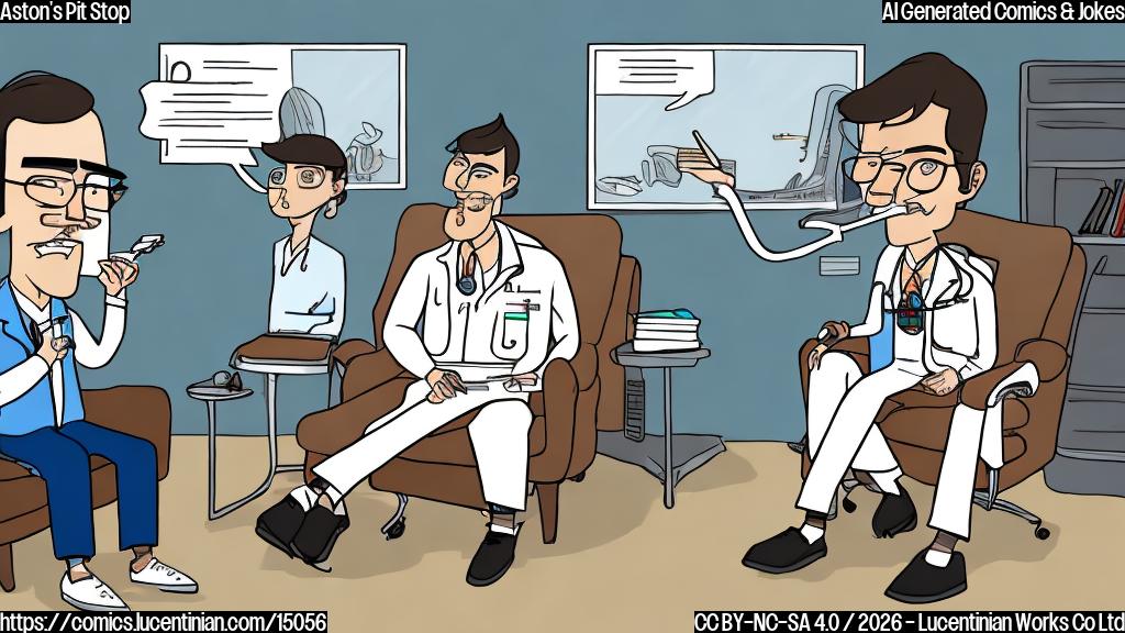 a cartoon of a Formula 1 car in a therapist's office, with a frustrated driver (a tall, thin character with a racing helmet and suit) sitting on the couch, while the therapist (a calm, middle-aged character with a stethoscope) examines a clipboard labeled "Transmission Issues"]