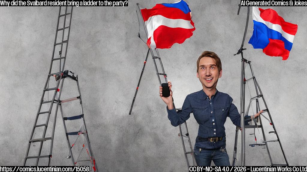 A cartoon of a person holding a TV remote with a mix of Norwegian and Russian flags in the background, standing next to a ladder that has a "Russian" label on it. The person should have a confused expression on their face, while the ladder seems to be reaching for the sky.